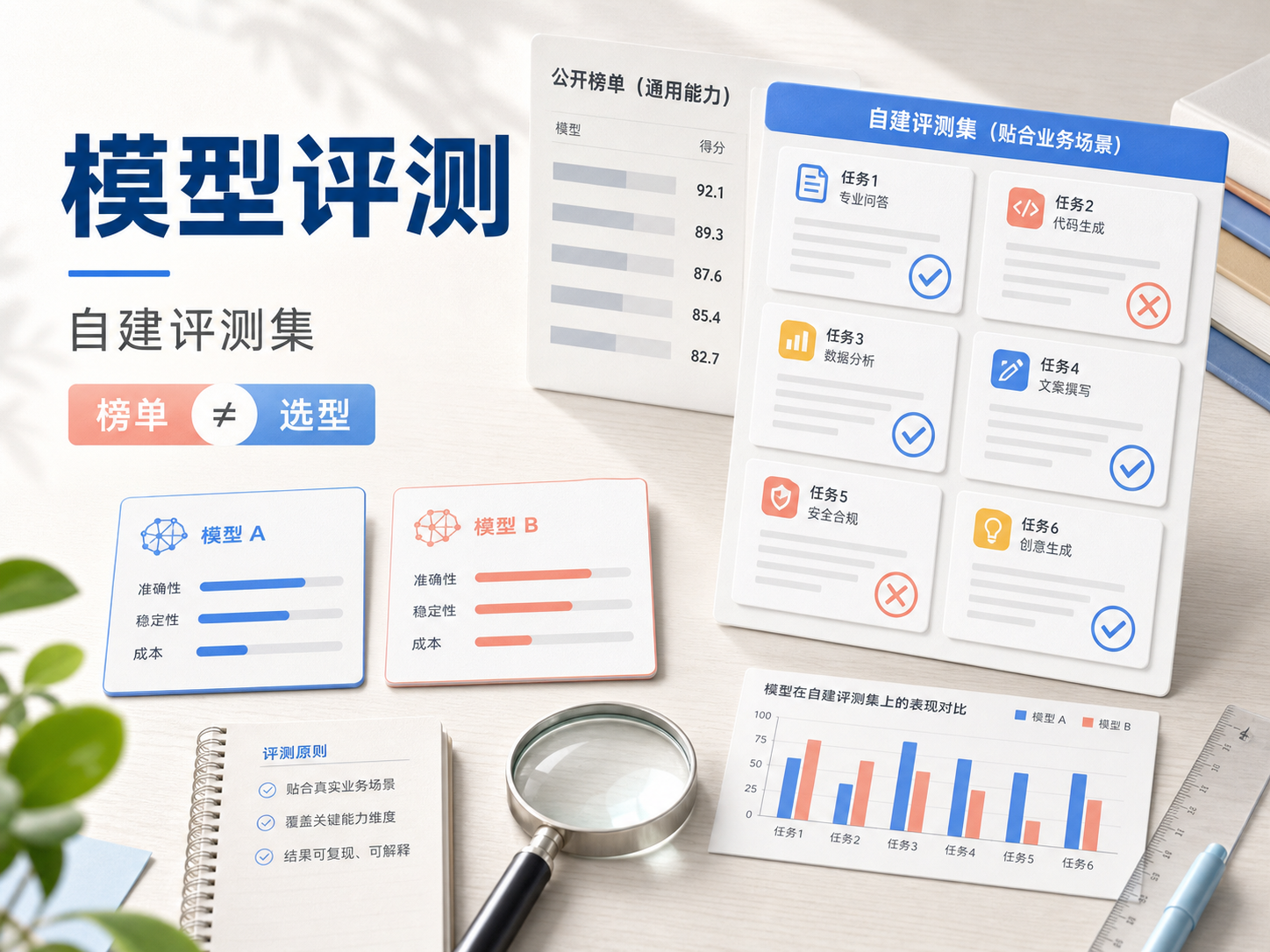 明亮桌面上的模型评测卡片、公开榜单和自建评测集对比